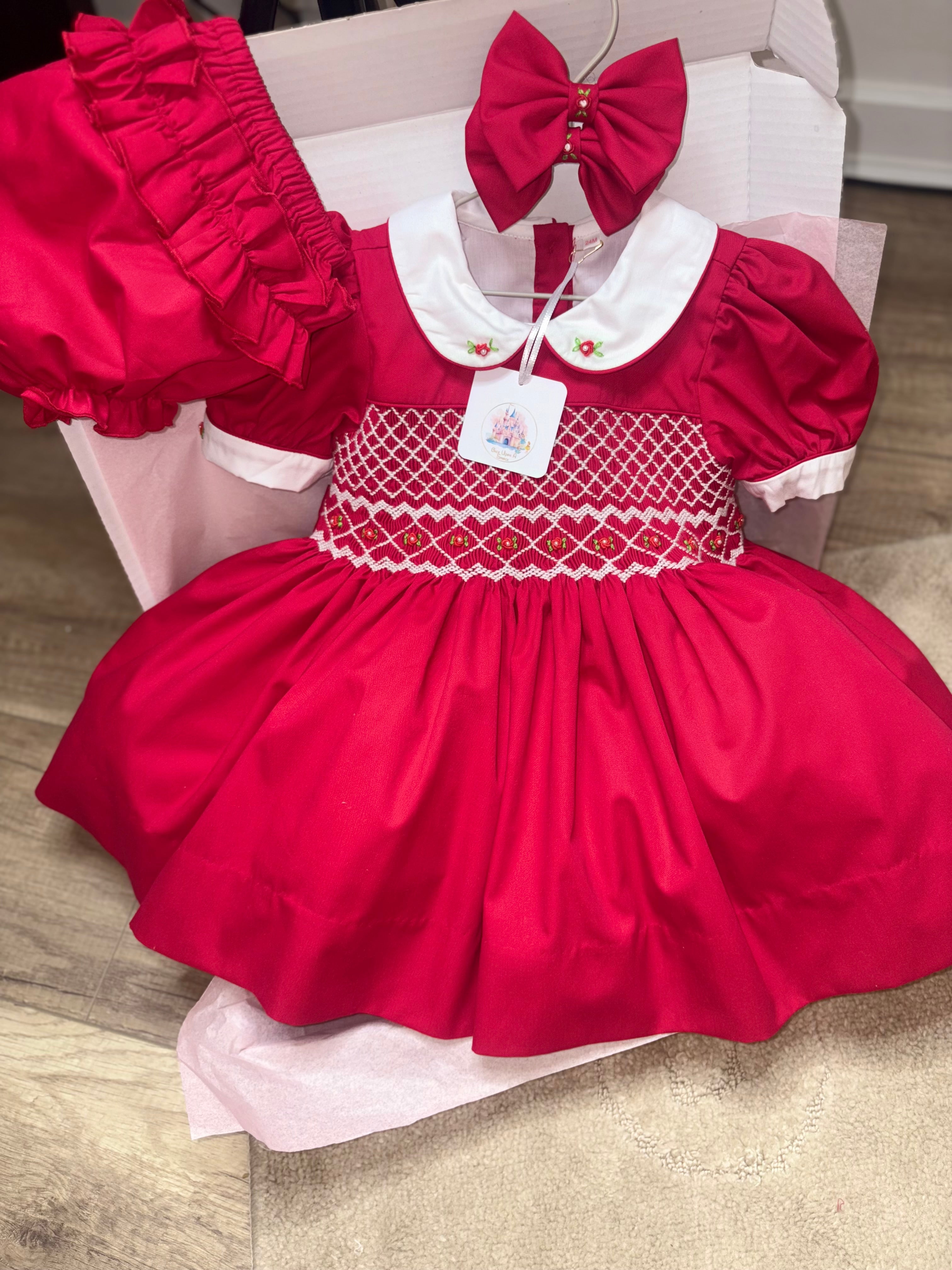 Girls Red Smock Dress With 3 Layer Built In Petticoat & Matching Knickers With Hair Bows or Headband