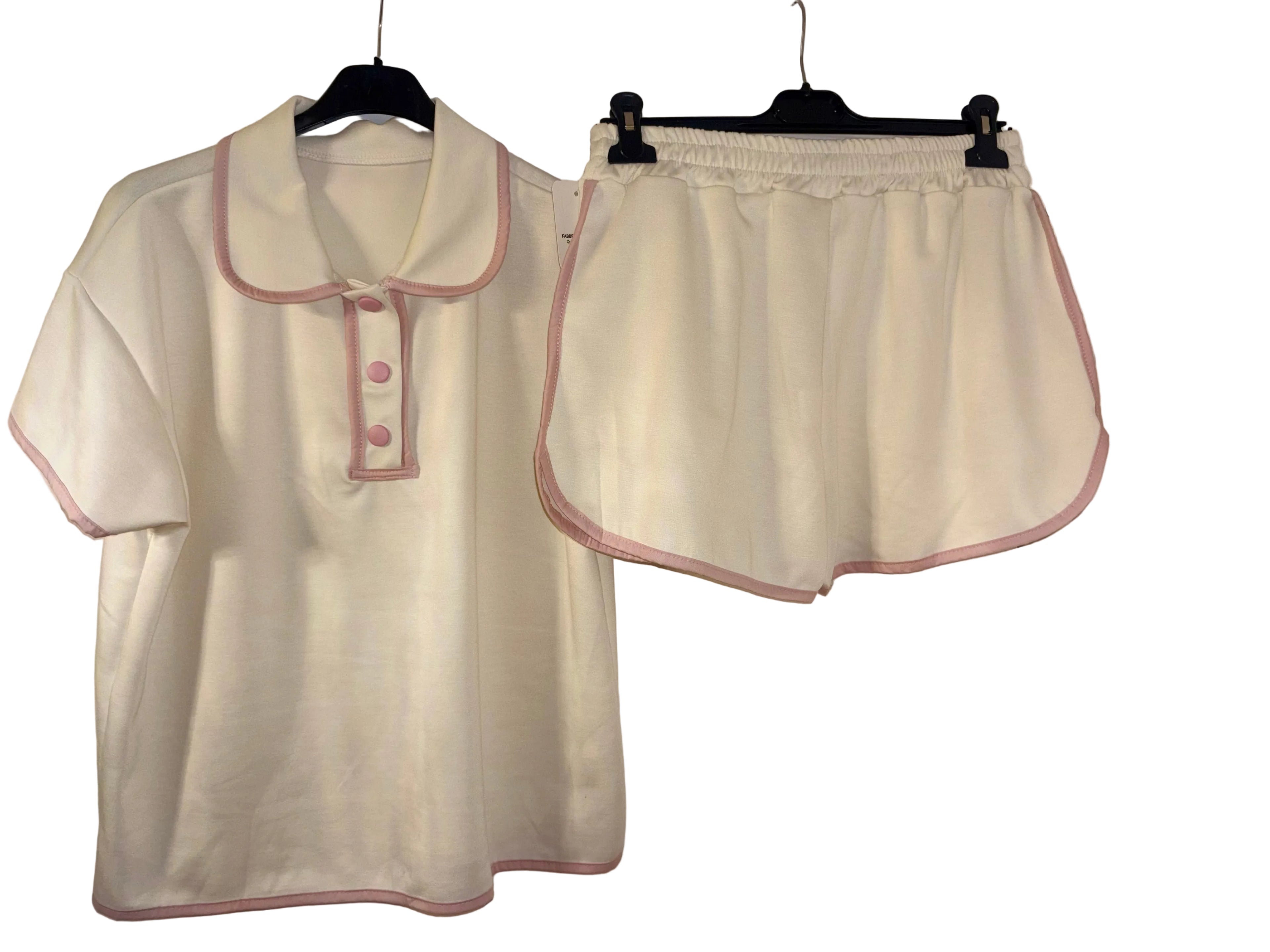 White with pink trim short set