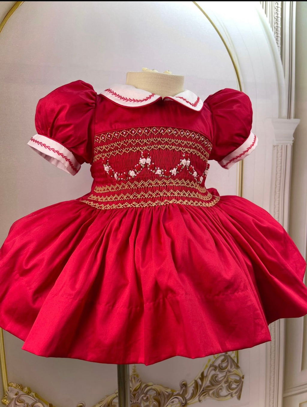 Pre order due in 10th - 14th December             Red smock dress with gold embroidery detail