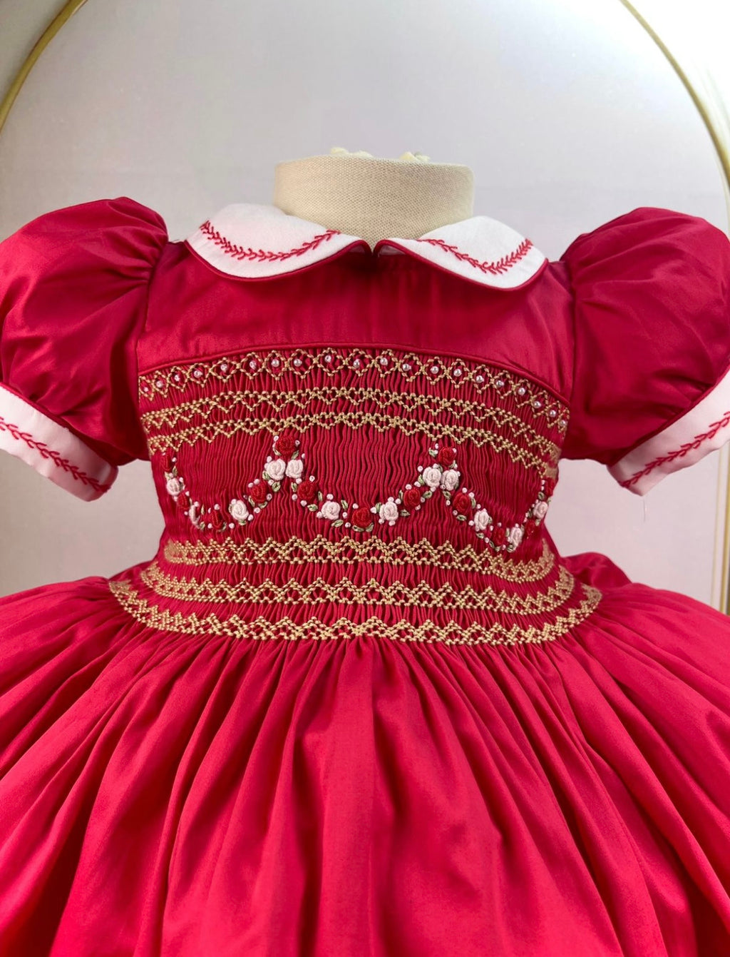 Pre order due in 10th - 14th December             Red smock dress with gold embroidery detail