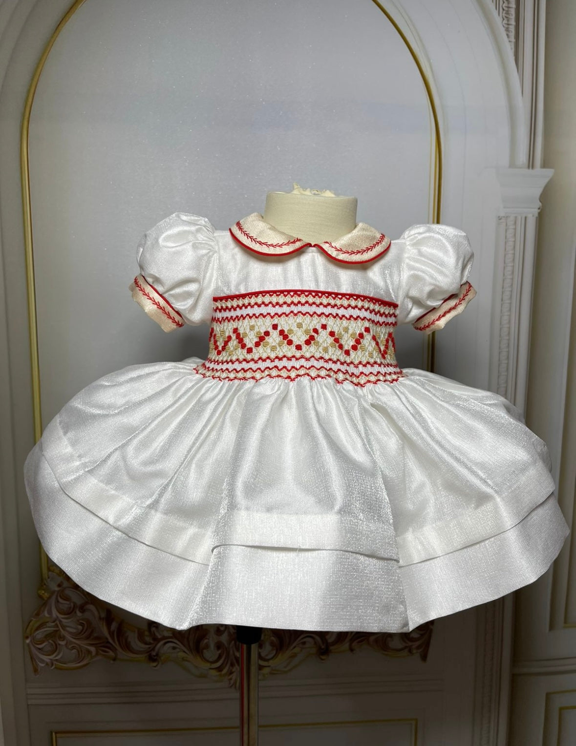 White shimmer dress with red & gold embroidery