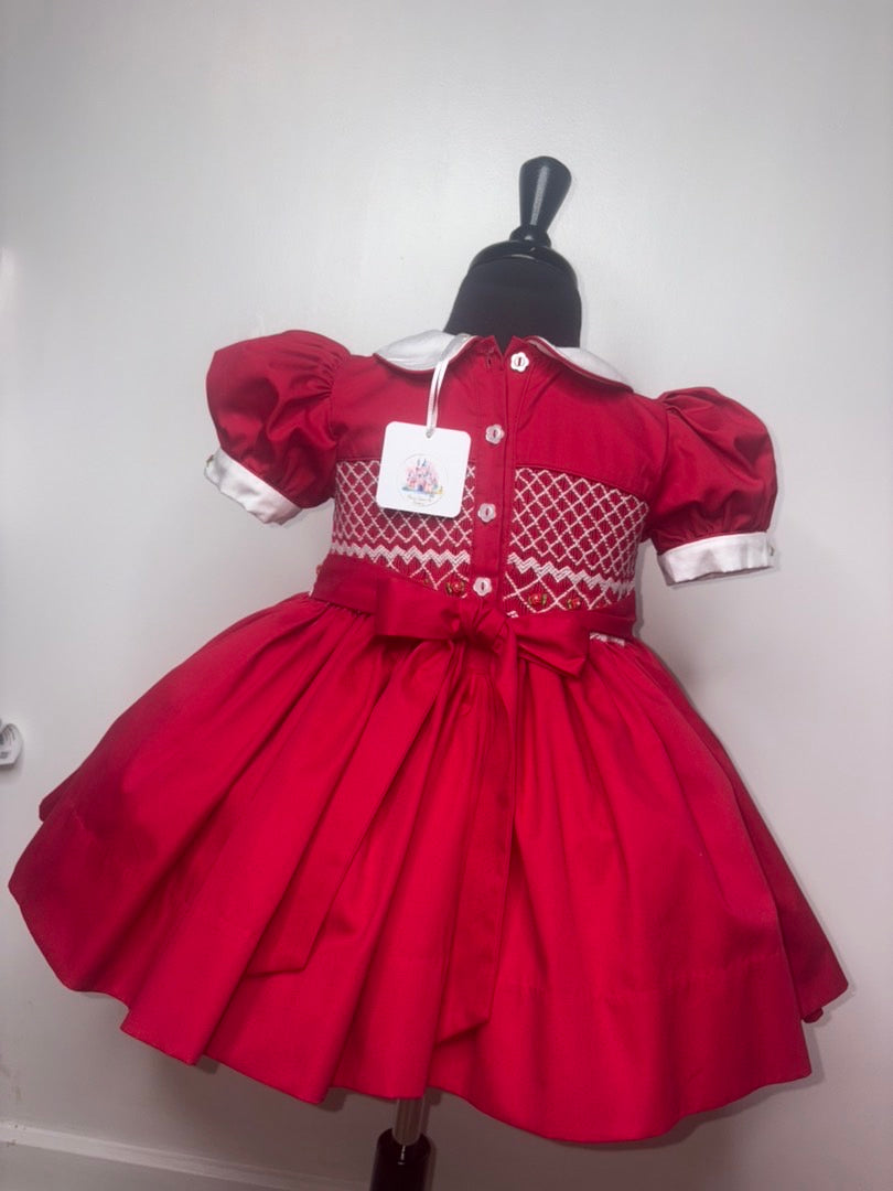 Girls Red Smock Dress With 3 Layer Built In Petticoat & Matching Knickers With Hair Bows or Headband