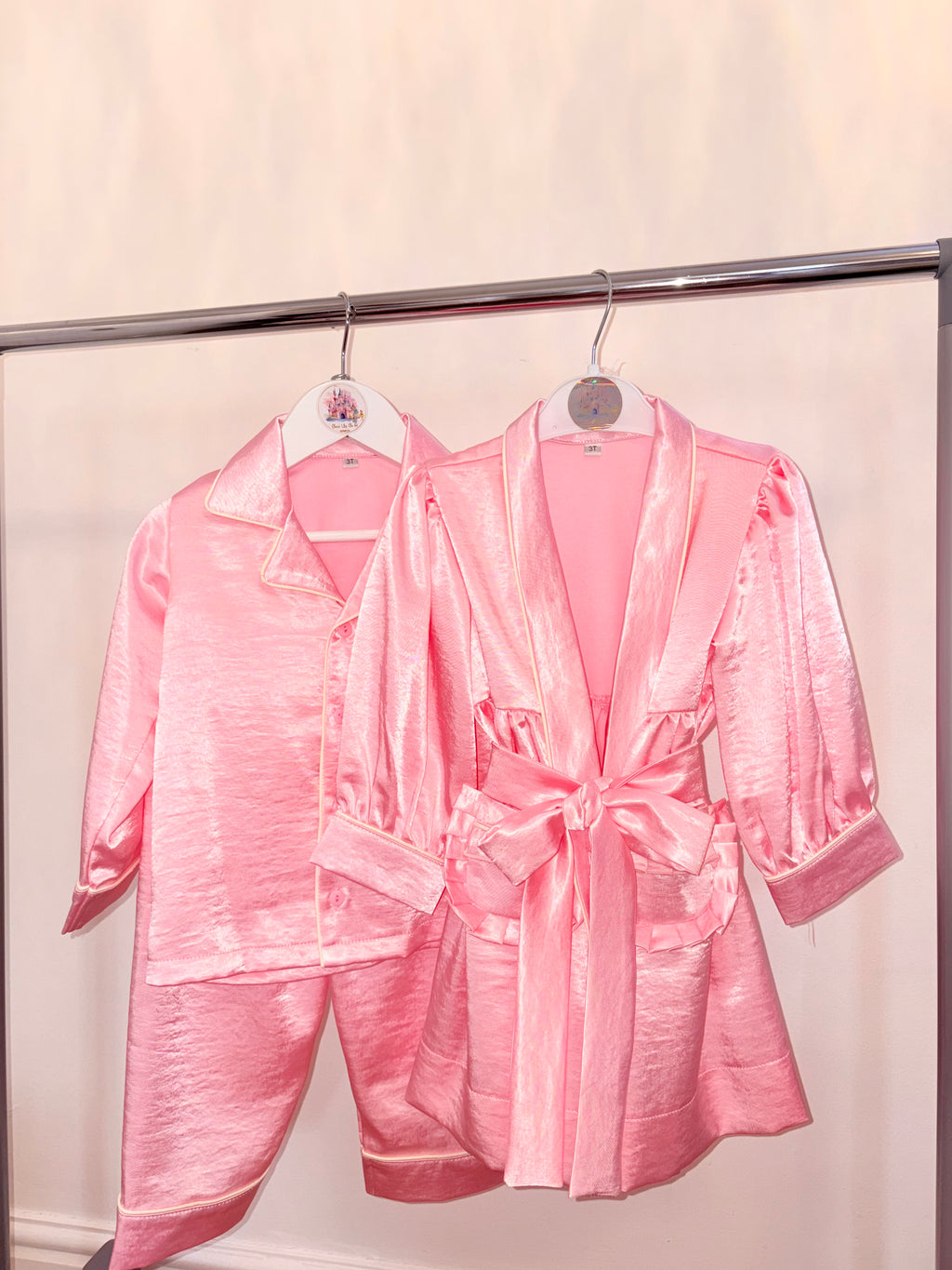 Pink satin pyjamas set with day gown