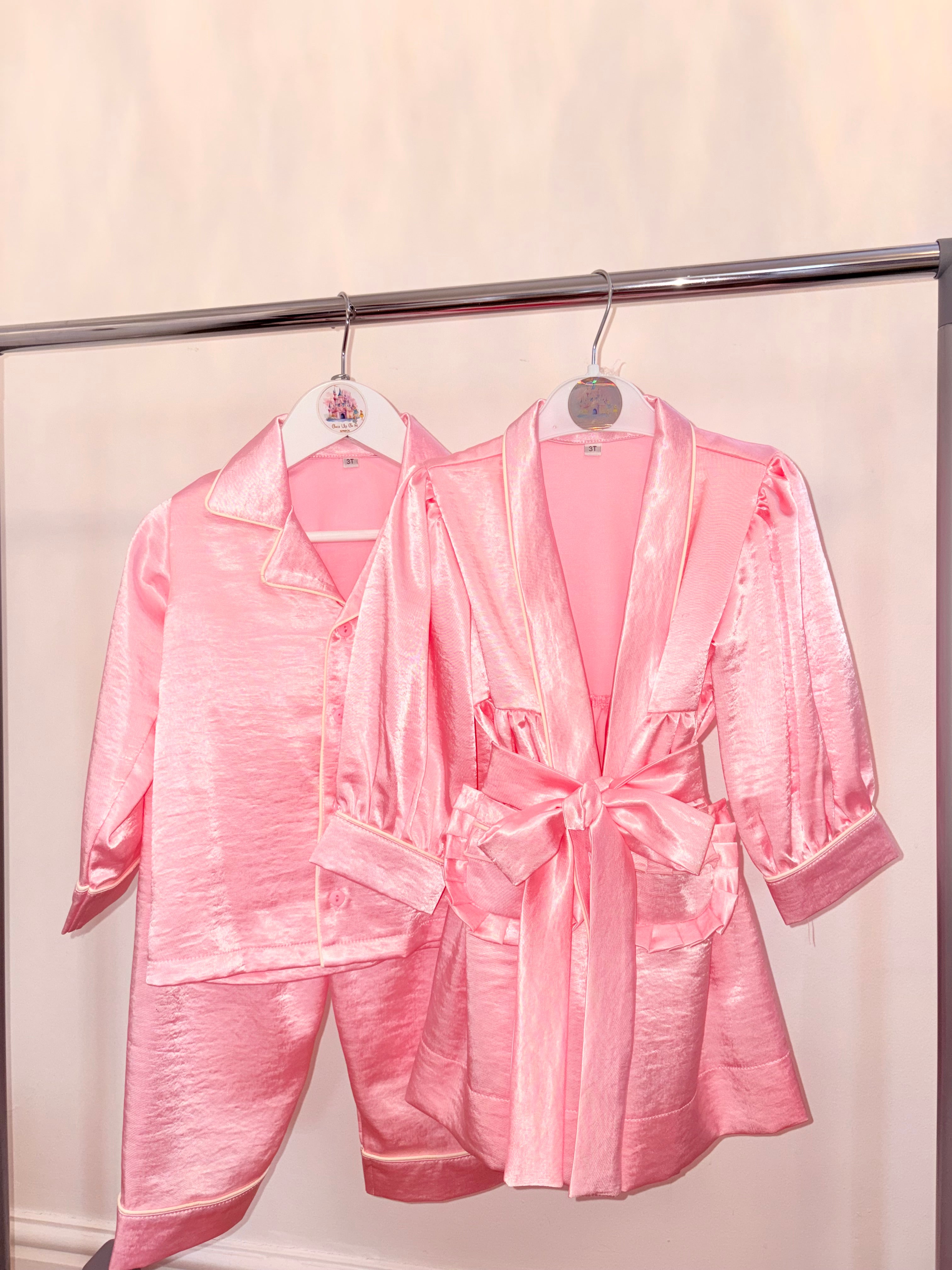 Pink satin pyjamas set with day gown