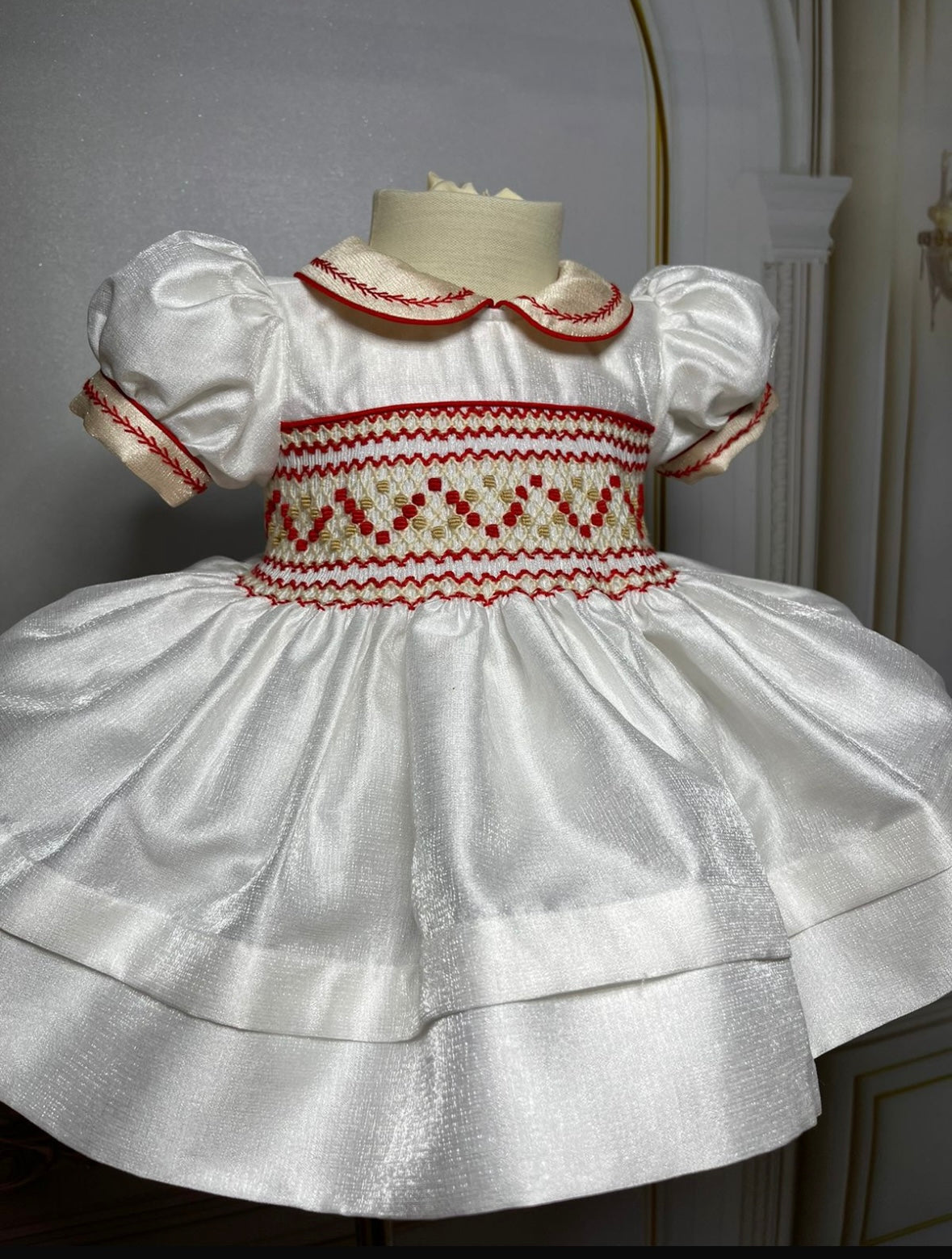 White shimmer dress with red & gold embroidery