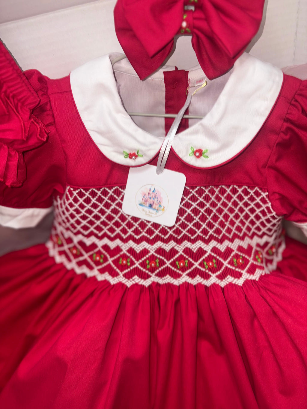Girls Red Smock Dress With 3 Layer Built In Petticoat & Matching Knickers With Hair Bows or Headband