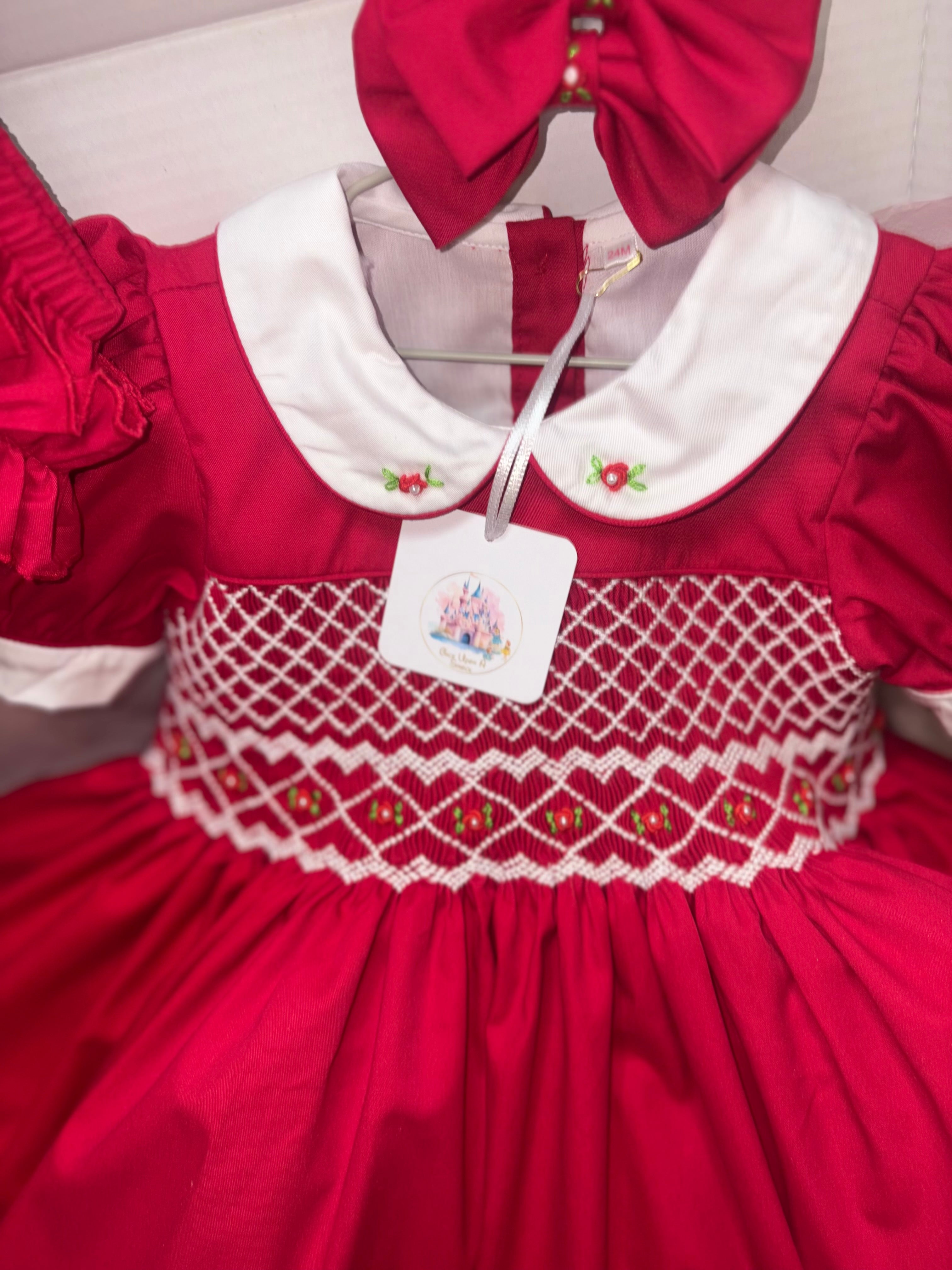 Girls Red Smock Dress With 3 Layer Built In Petticoat & Matching Knickers With Hair Bows or Headband