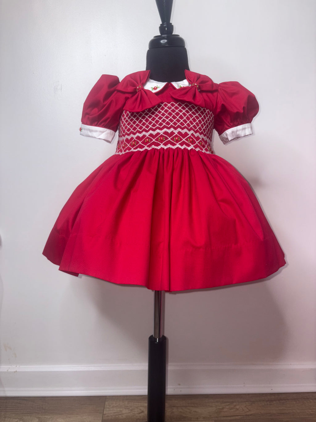 Girls Red Smock Dress With 3 Layer Built In Petticoat & Matching Knickers With Hair Bows or Headband