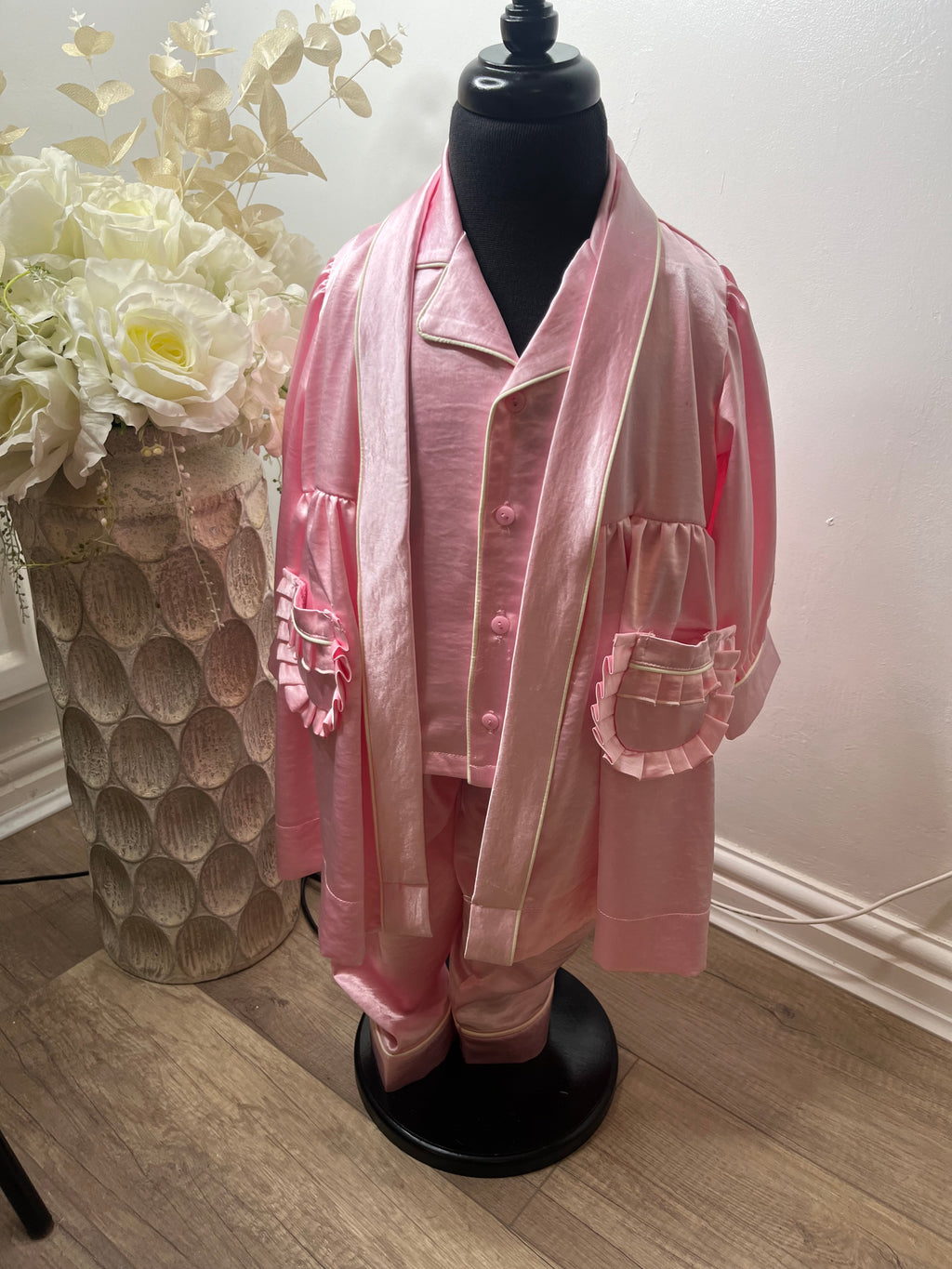 Pink satin pyjamas set with day gown