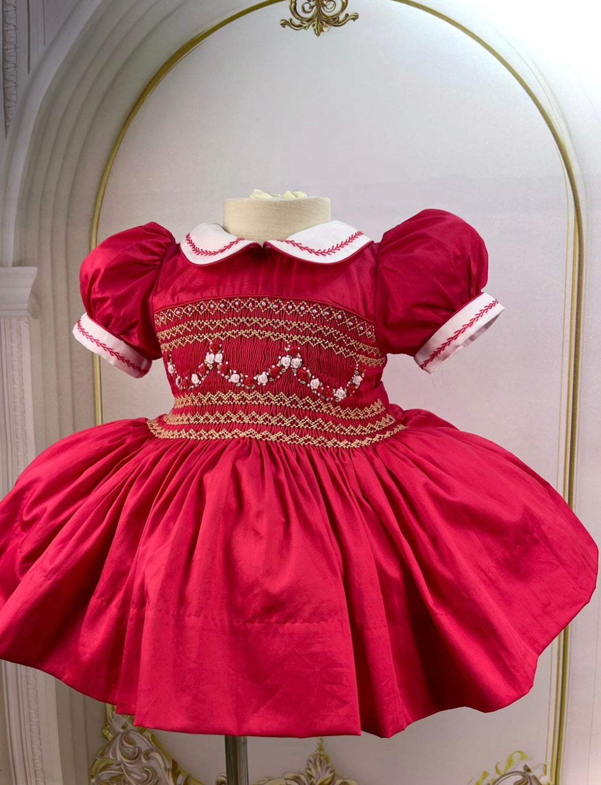 Pre order due in 10th - 14th December             Red smock dress with gold embroidery detail
