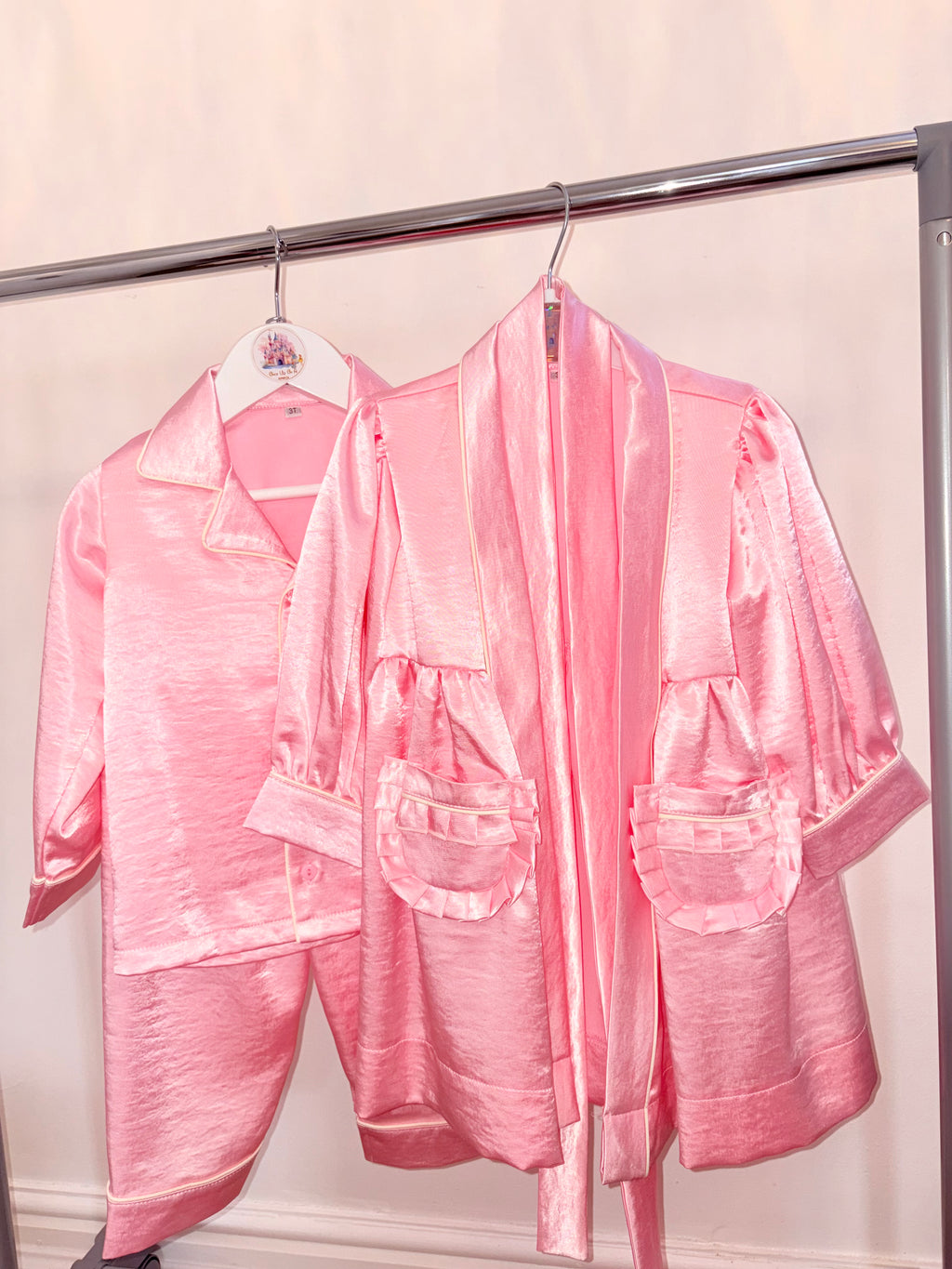 Pink satin pyjamas set with day gown
