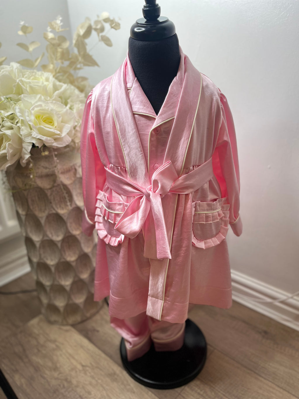 Pink satin pyjamas set with day gown