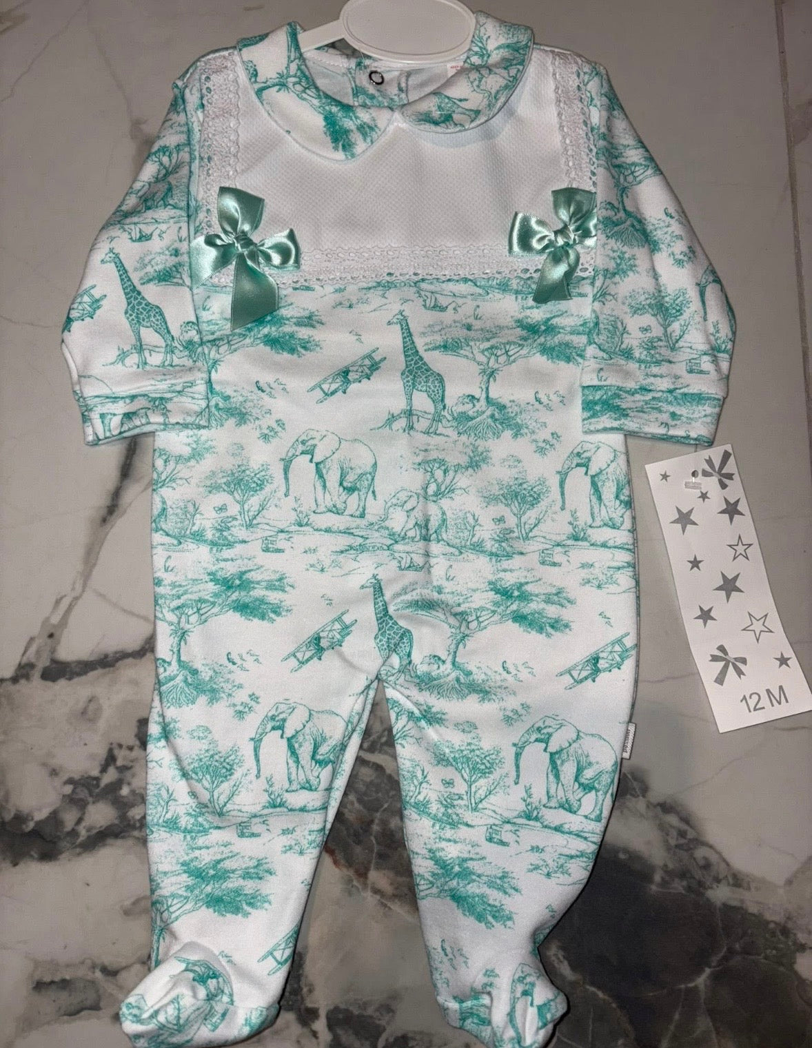 Mint baby grow animal print
