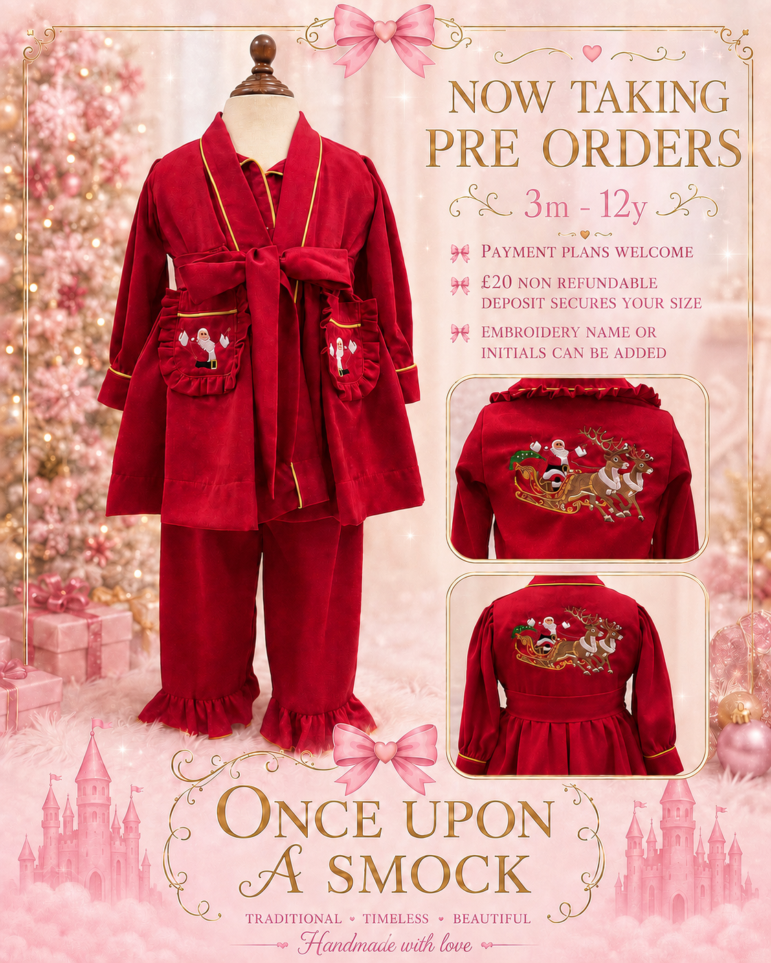 Pre order due in 30th October.                             Girls Red Christmas pyjamas set with robe