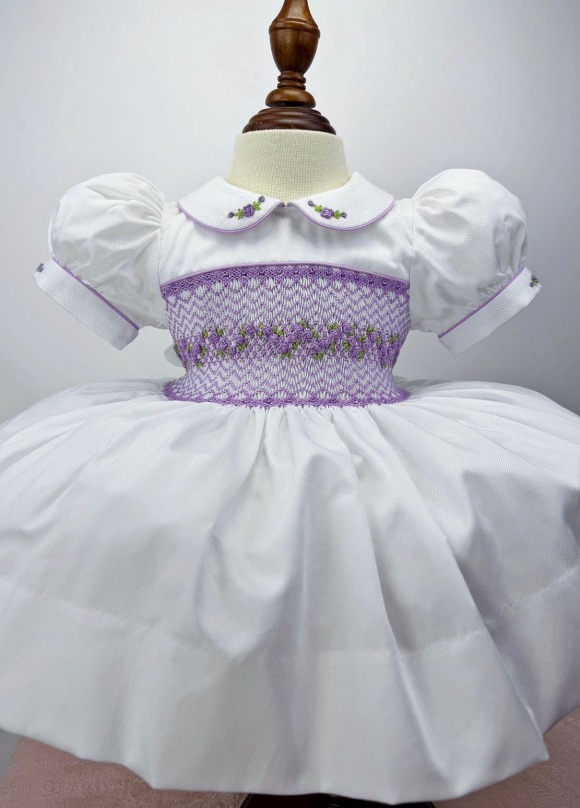 White with lilac smocking