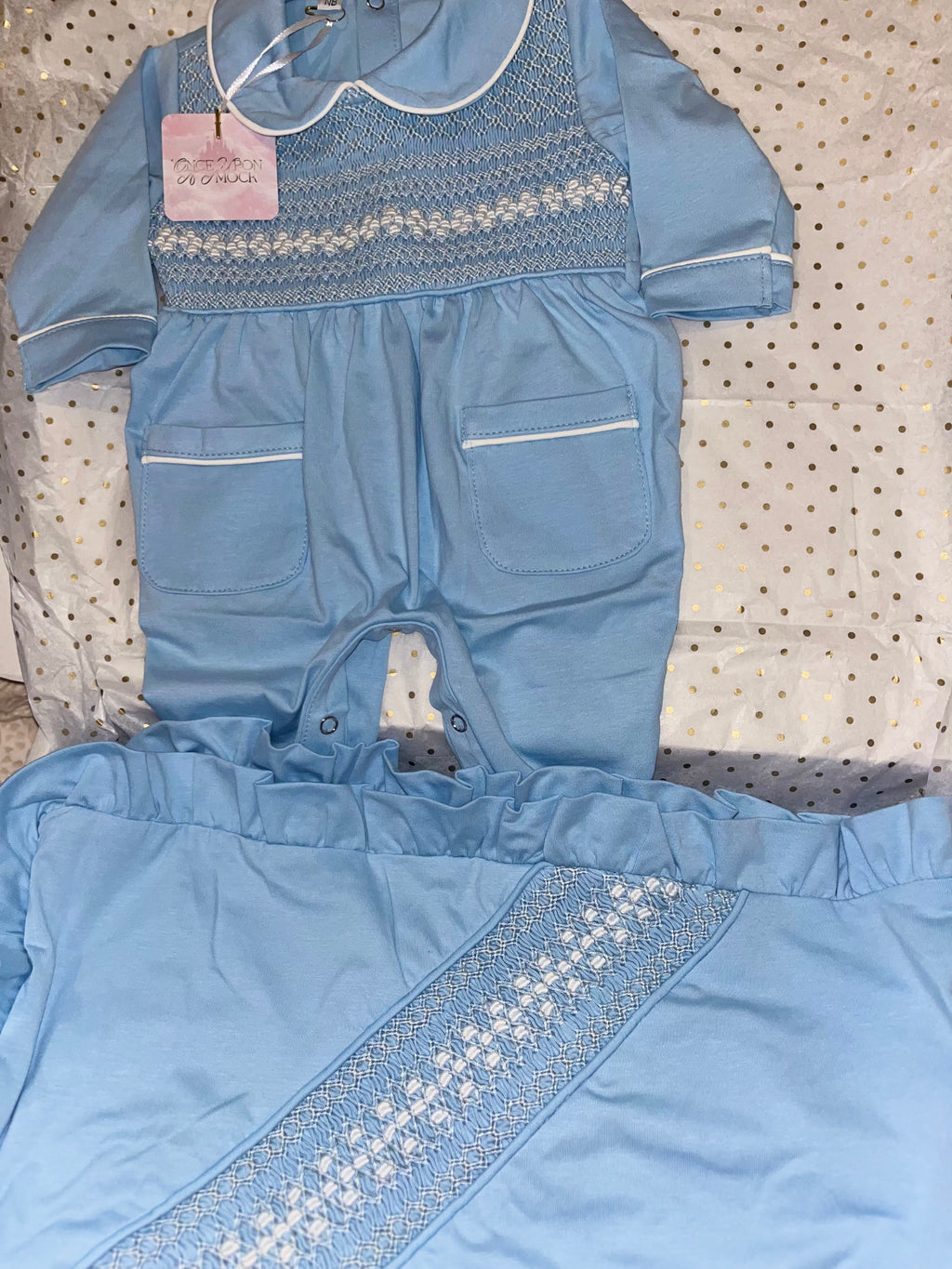 Pre order 6 weeks Boys baby grow blanket set with matching bib