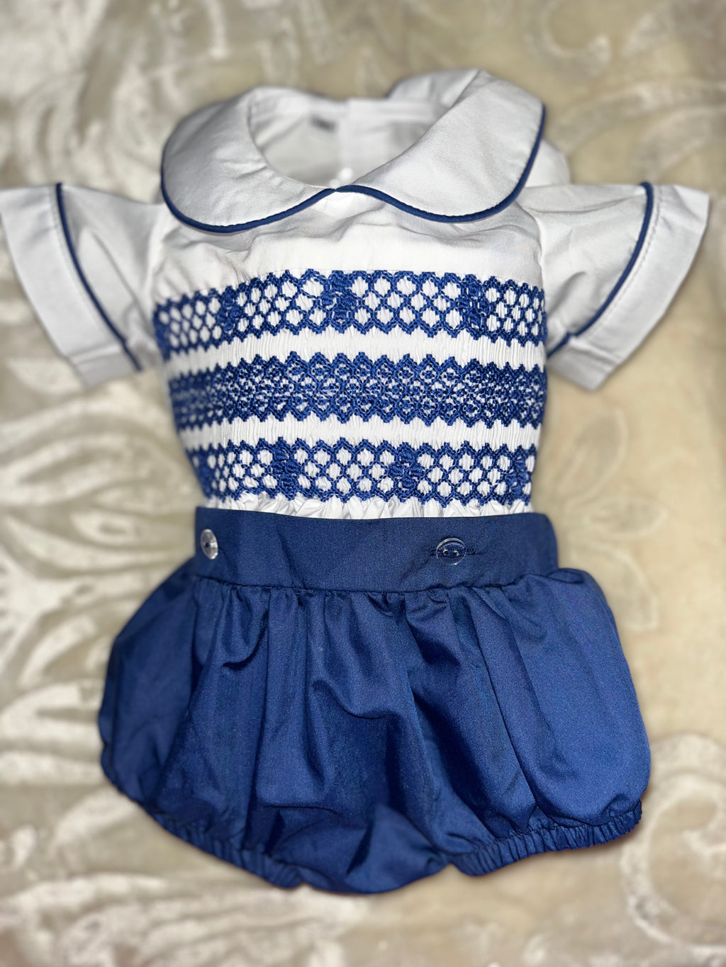 Boys smock navy romper set