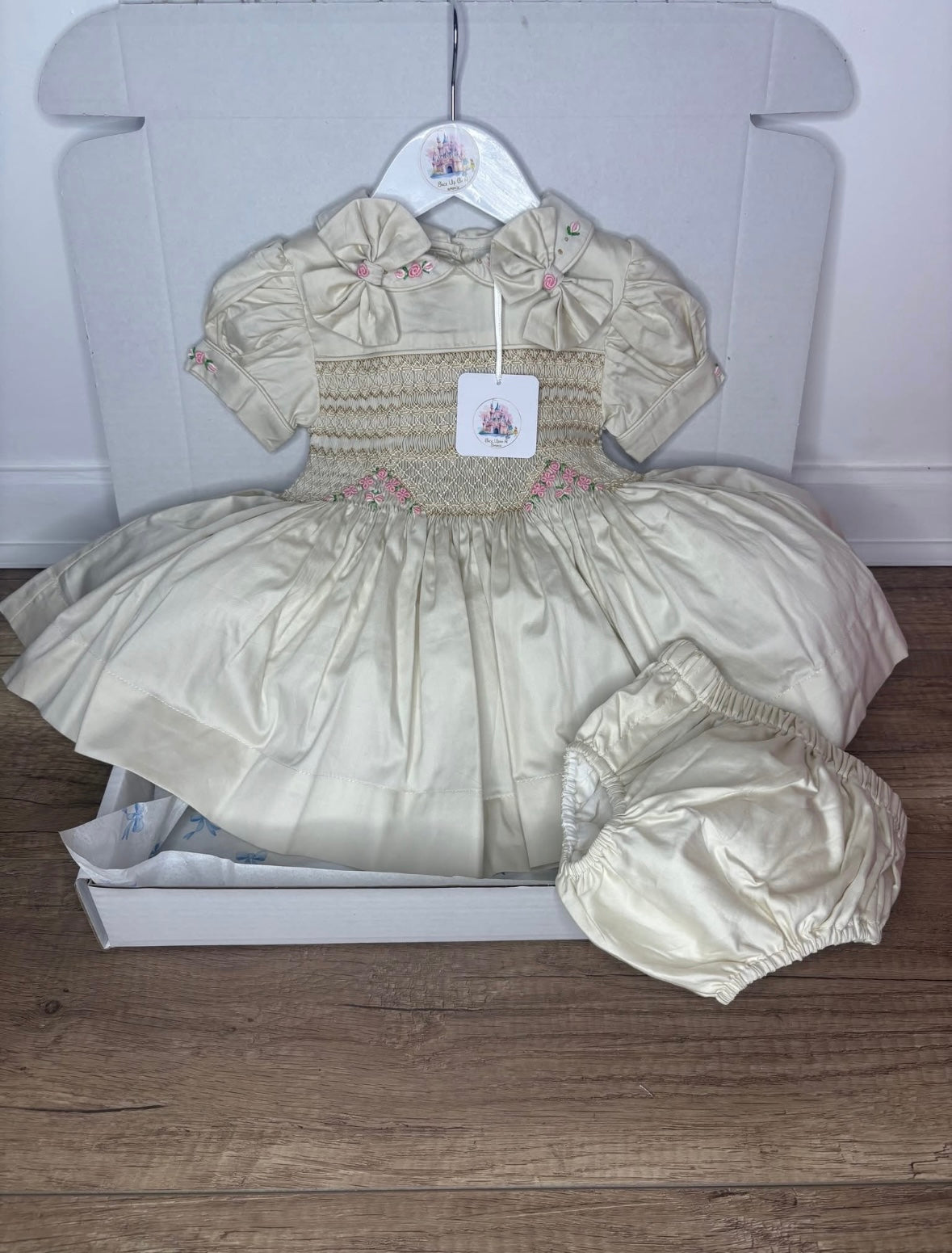 Cream smock dress & tan embroidery