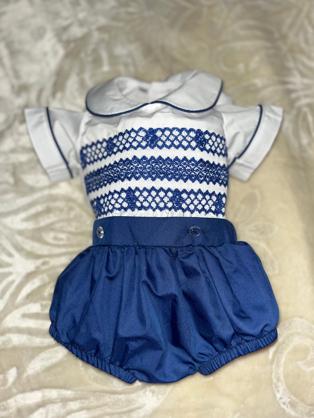 Boys smock navy romper set
