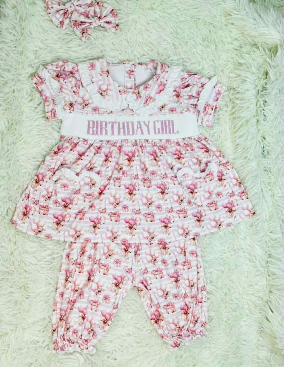 Girls Smocked Birthday Girl Pyjamas Set With Matching Hair Bows - Softest Fabric