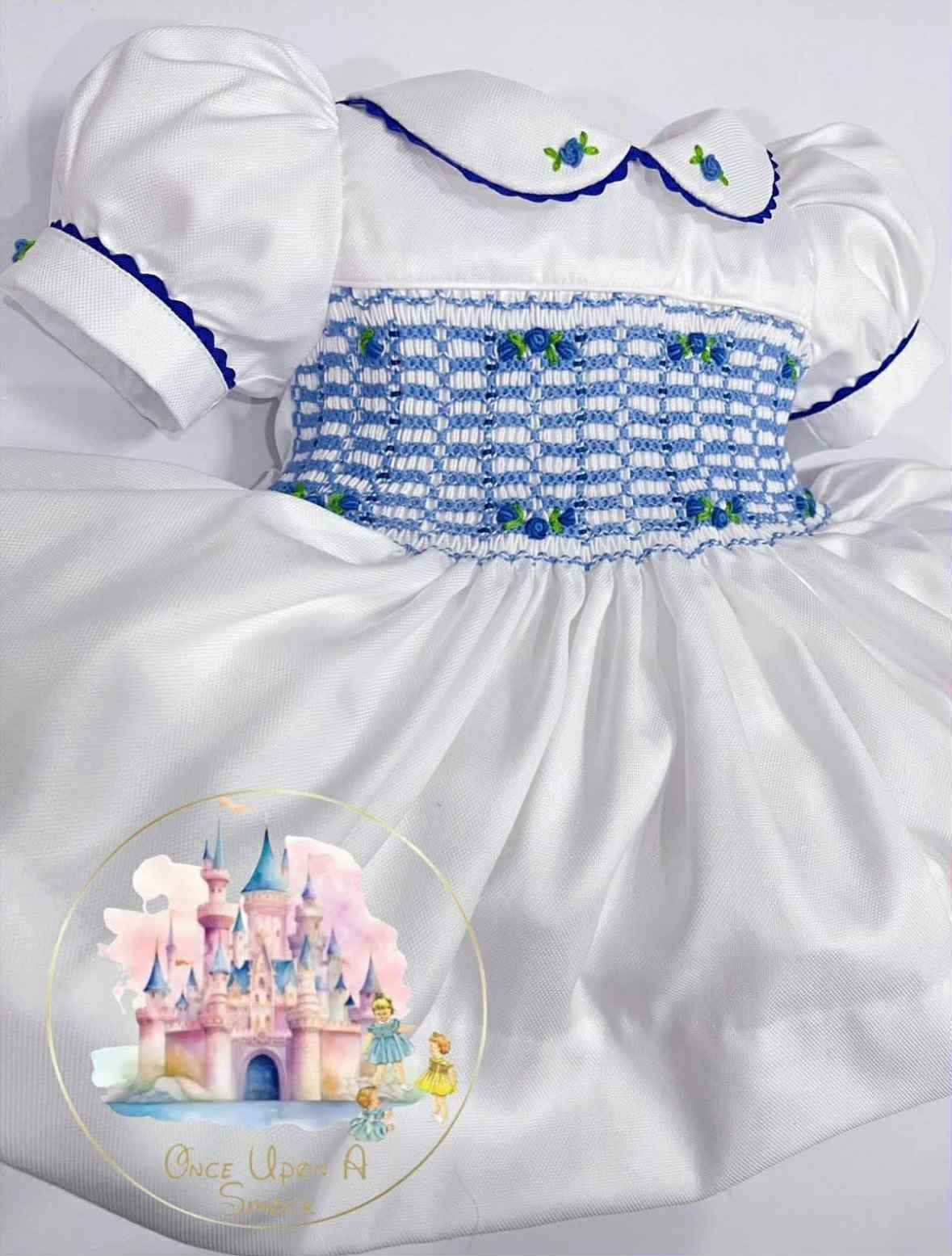 Girls White Smocked Dress With Blue Hand Stiched Embroidery & Matching Knickers With Bows Or Headband For Babies